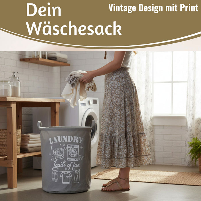 KI-generiertes Bild,Vintage Wäschesack Wäschekorb Laundry 50cm Grau Faltbar Wäschesammler