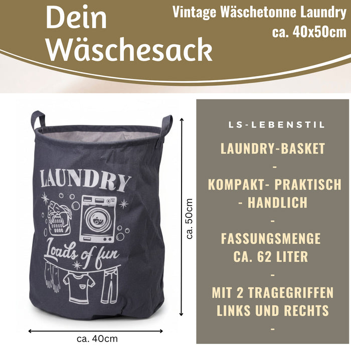 KI-generiertes Bild,Vintage Wäschesack Wäschekorb Laundry 50cm Dunkel Grau Faltbar Wäschesammler