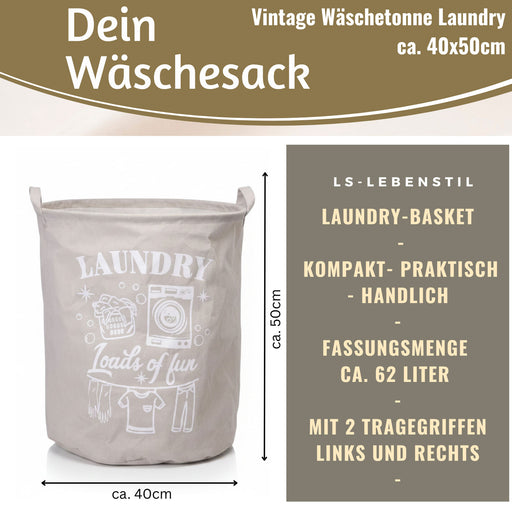 KI-generiertes Bild,Vintage Wäschesack Wäschekorb Laundry 50cm Grau Hell Faltbar Wäschesammler