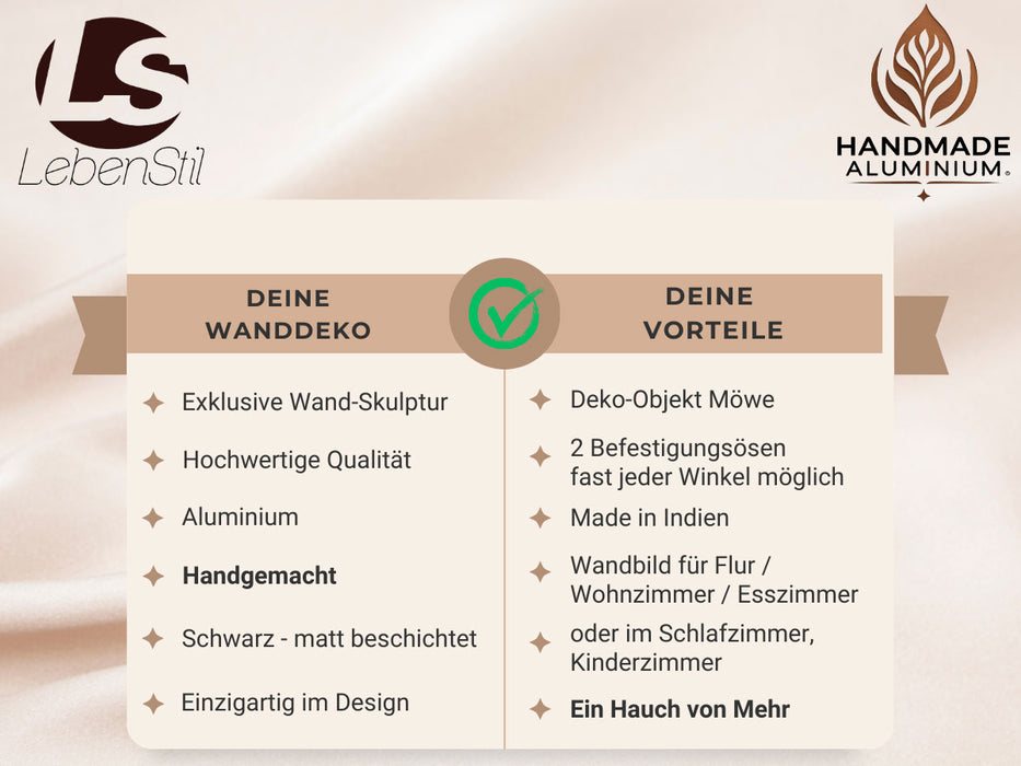 Wand-Objekt Möwe 2-fach 39cm Aluminium Schwarz Vogel Deko-Objekt Deko-Figur