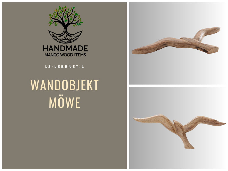 KI-generiertes Bild,Wand-Objekt Möwe 46cm Mango Holz Braun Vogel Deko-Objekt Deko-Figur