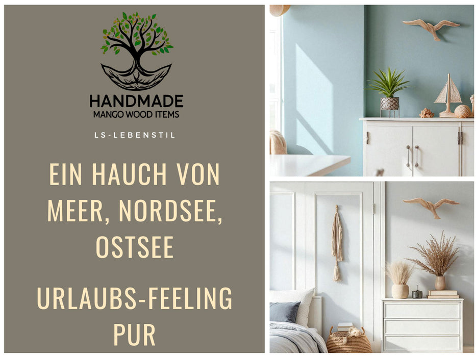 KI-generiertes Bild,Wand-Objekt Möwe 46cm Mango Holz Braun Vogel Deko-Objekt Deko-Figur