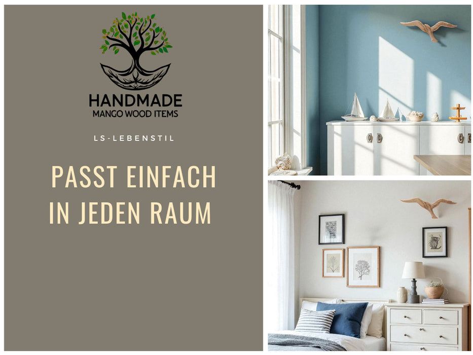 KI-generiertes Bild,Wand-Objekt Möwe 46cm Mango Holz Braun Vogel Deko-Objekt Deko-Figur