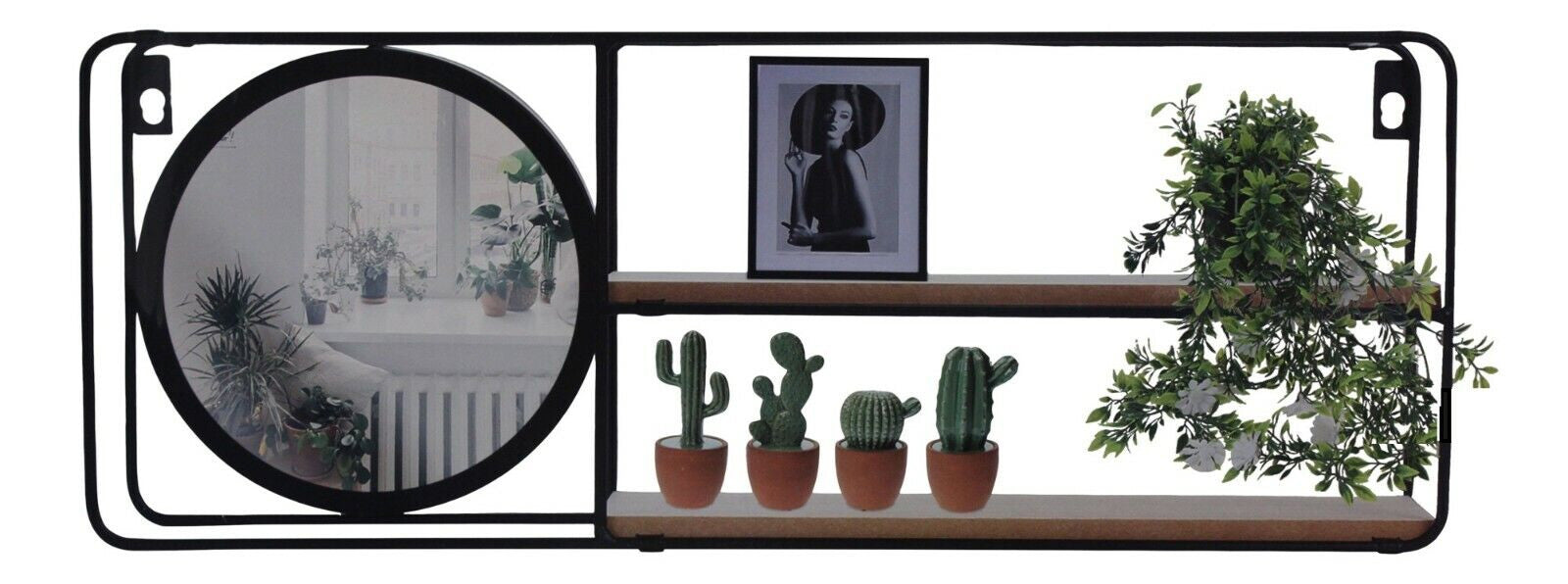 Wandregal mit Spiegel 50x19x10cm Metall Holz Schwarz 2 Ablagen Wandboard