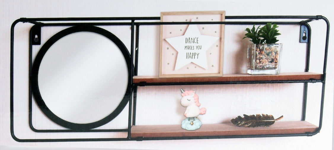 Wandregal mit Spiegel 50x19x10cm Metall Holz Schwarz 2 Ablagen Wandboard