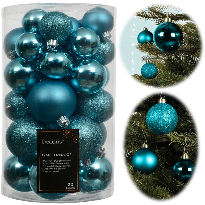 KI-generiertes Bild 30 Kunststoff Weihnachtskugeln Folk Blau Türkis 4cm-6cm Baumkugel Dekokugel