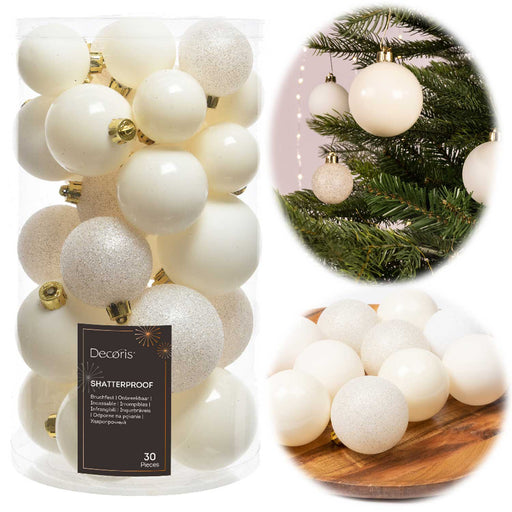 KI-generiertes Bild 30 Kunststoff Weihnachtskugeln Woll-Weiß 4cm-6cm Baumkugel Dekokugel