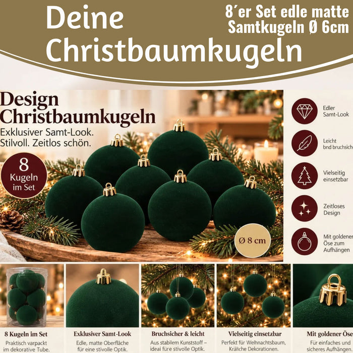 KI-generiertes Bild,8 XL Design Weihnachtskugeln 8cm Samt Bordeaux Rot Kunststoff Baumkugel Deko