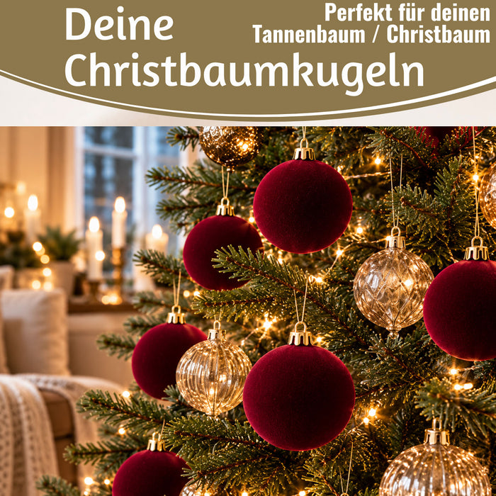 KI-generiertes Bild,8 XL Design Weihnachtskugeln 8cm Samt Bordeaux Rot Kunststoff Baumkugel Deko