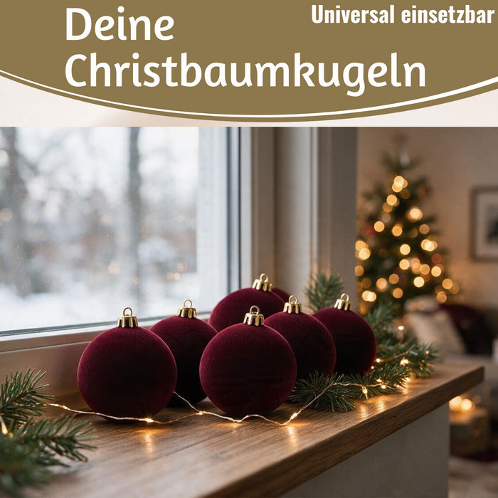 KI-generiertes Bild,8 XL Design Weihnachtskugeln 8cm Samt Bordeaux Rot Kunststoff Baumkugel Deko