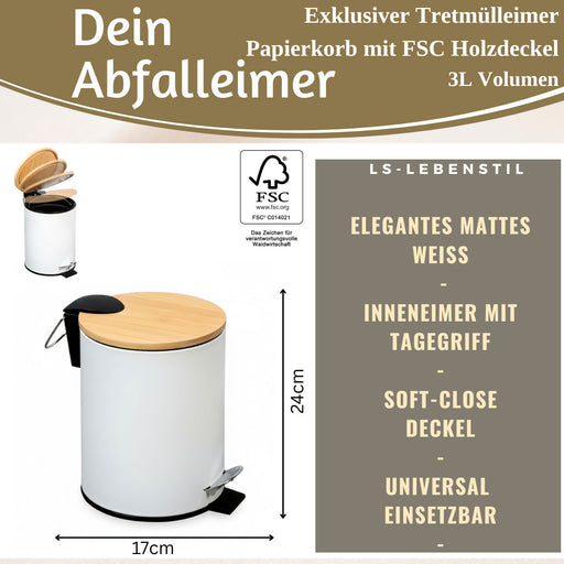 Tretmülleimer Papierkorb 3L Weiß Soft Close Rund Kosmetikeimer Fußpedal Mülleimer