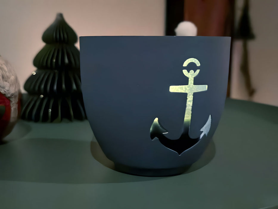 XL Metall Teelichthalter Anker 9cm Blau Silber Votiv Kerzenhalter Windlicht