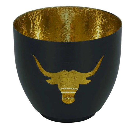 XL Metall Teelichthalter Büffel 9cm Schwarz Gold Votiv Kerzenhalter Windlicht