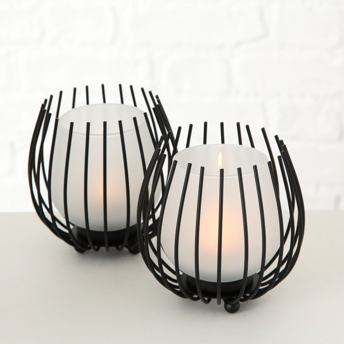 2x Eisen Windlicht Gläser Schwarz Set Milch-Glas Teelichthalter Teelichtglas