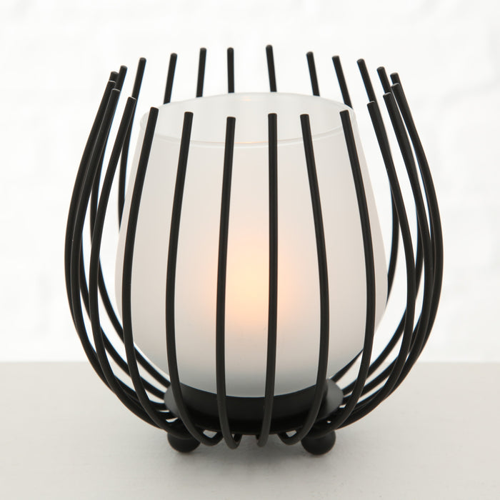 2x Eisen Windlicht Gläser Schwarz Set Milch-Glas Teelichthalter Teelichtglas