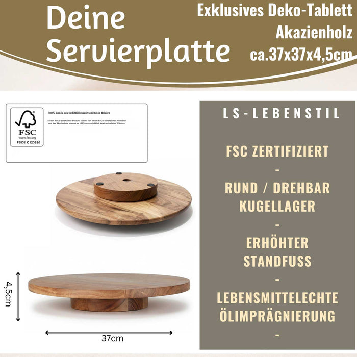 KI-generiertes Bild,Premium Holz Servierplatte 37cm Akazie Drehteller drehbar Drehtablett Drehplatte