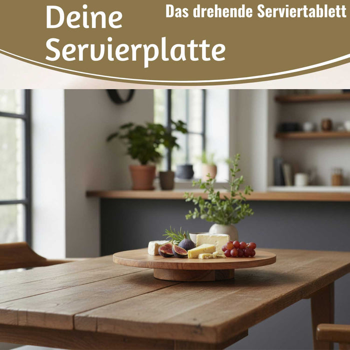 KI-generiertes Bild,Premium Holz Servierplatte 37cm Akazie Drehteller drehbar Drehtablett Drehplatte