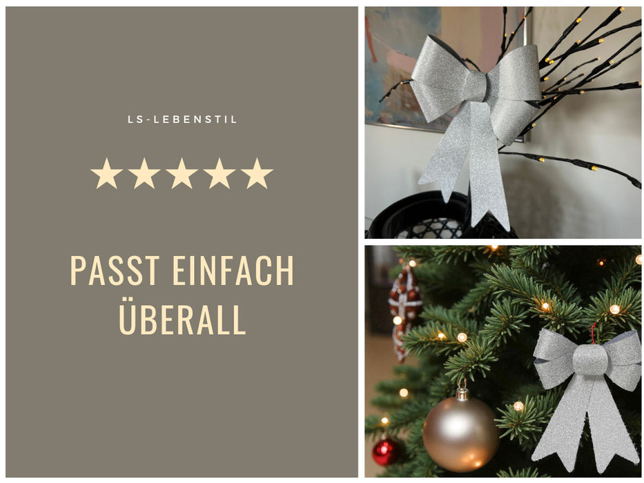 2x XXL Weihnachtsschleife Set 29cm Silber - funkelnd Schleife für Weihnachts-Deko
