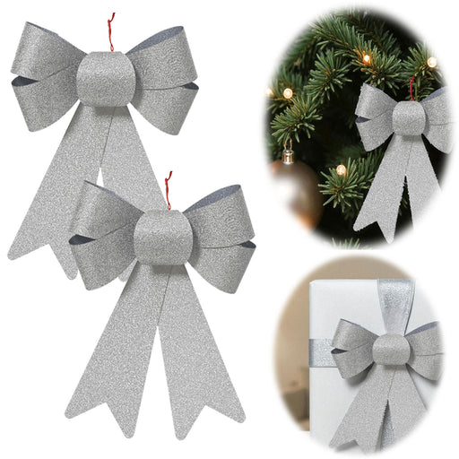 2x XL Weihnachtsschleife Set 17cm Silber - funkelnd Schleife für Weihnachts-Deko