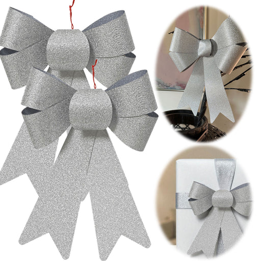 2x XXL Weihnachtsschleife Set 29cm Silber - funkelnd Schleife für Weihnachts-Deko