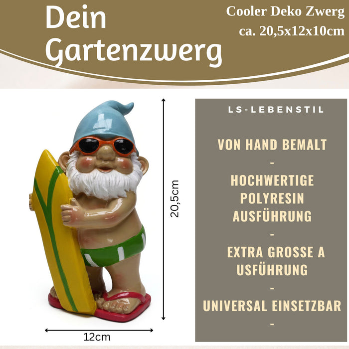 XL Deko Figur Gartenzwerg Surfer 20cm Gnom Skulptur Gartenstatue Statue Objekt