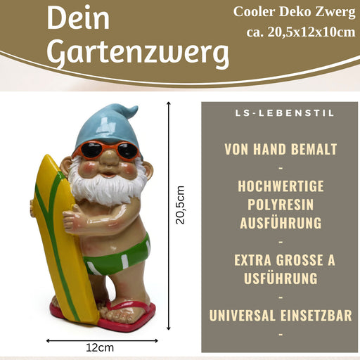 XL Deko Figur Gartenzwerg Surfer 20cm Gnom Skulptur Gartenstatue Statue Objekt