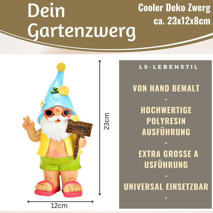 XL Deko Figur Gartenzwerg Summer 23cm Gnom Skulptur Gartenstatue Statue Objekt