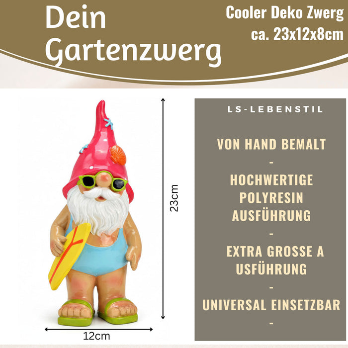 XL Deko Figur Gartenzwerg Surfer 23cm Gnom Skulptur Gartenstatue Statue Objekt