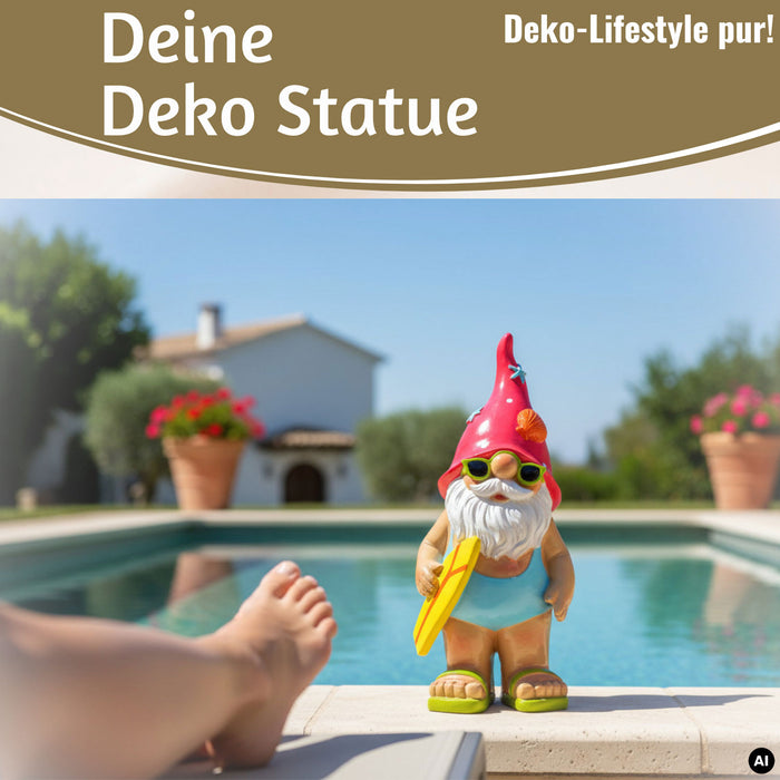 XL Deko Figur Gartenzwerg Surfer 23cm Gnom Skulptur Gartenstatue Statue Objekt
