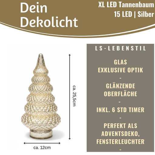 KI-generiertes Bild,XL Glas Tannenbaum 15 LED Ø 12cm Silber Weihnachtsbaum Beleuchtet Timer Batterie