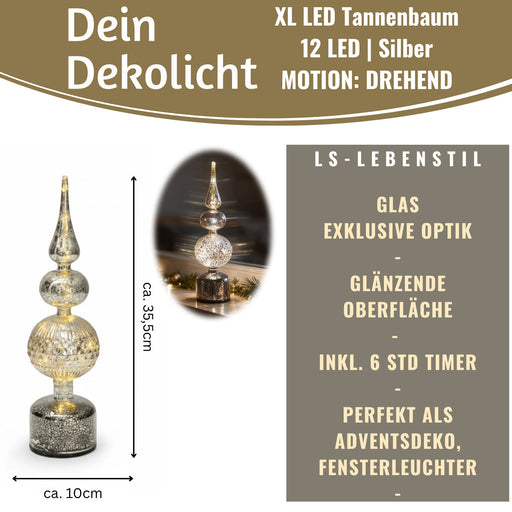 KI-generiertes Bild,XL Glas Tannenbaum 12 LED 35cm Drehend Silber Weihnachtsbaum Beleuchtet Timer Batterie