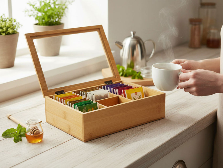 Holz Aufbewahrungsbox Teebox 6 Fächer mit Deckel Schmuckkiste Teekiste Teekasten