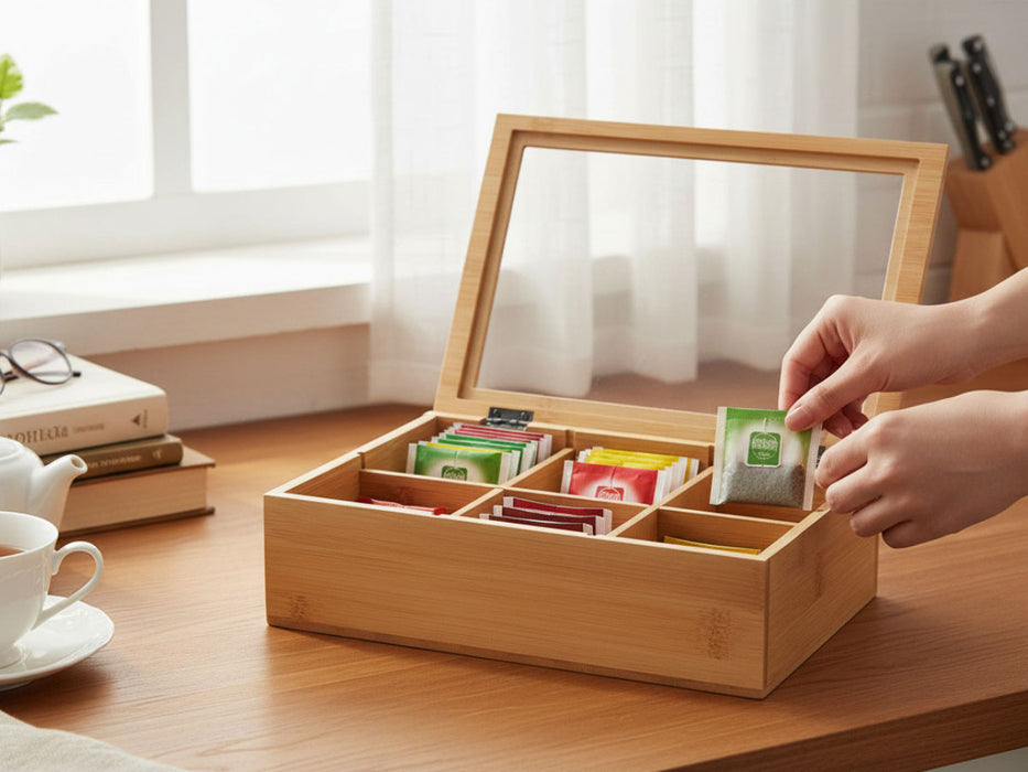 Holz Aufbewahrungsbox Teebox 6 Fächer mit Deckel Schmuckkiste Teekiste Teekasten