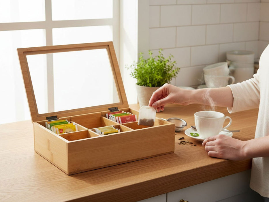 Holz Aufbewahrungsbox Teebox 6 Fächer mit Deckel Schmuckkiste Teekiste Teekasten