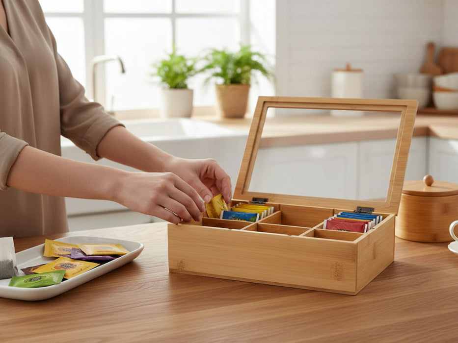 Holz Aufbewahrungsbox Teebox 6 Fächer mit Deckel Schmuckkiste Teekiste Teekasten