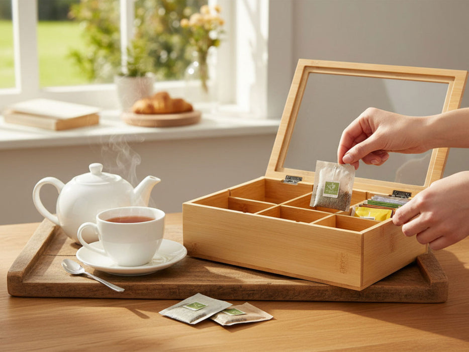 Holz Aufbewahrungsbox Teebox 6 Fächer mit Deckel Schmuckkiste Teekiste Teekasten