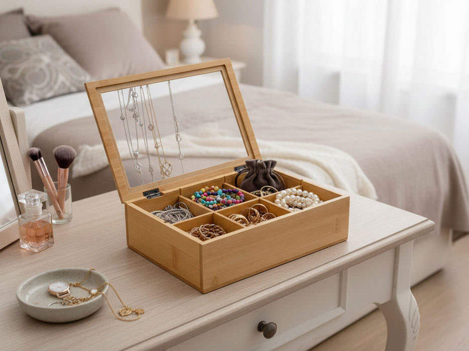 Holz Aufbewahrungsbox Teebox 6 Fächer mit Deckel Schmuckkiste Teekiste Teekasten