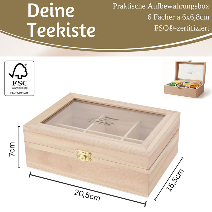 Holz Aufbewahrungsbox Teebox 6 Fächer mit Deckel für Teebeutel Teekiste Teekasten