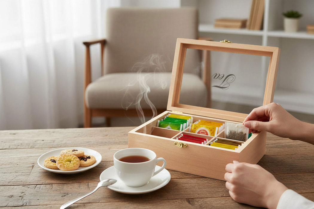 KI-generiertes Bild,Holz Aufbewahrungsbox Teebox 6 Fächer mit Deckel für Teebeutel Teekiste Teekasten