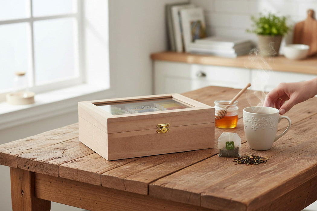 KI-generiertes Bild,Holz Aufbewahrungsbox Teebox 6 Fächer mit Deckel für Teebeutel Teekiste Teekasten