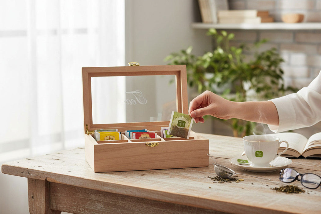 KI-generiertes Bild,Holz Aufbewahrungsbox Teebox 6 Fächer mit Deckel für Teebeutel Teekiste Teekasten