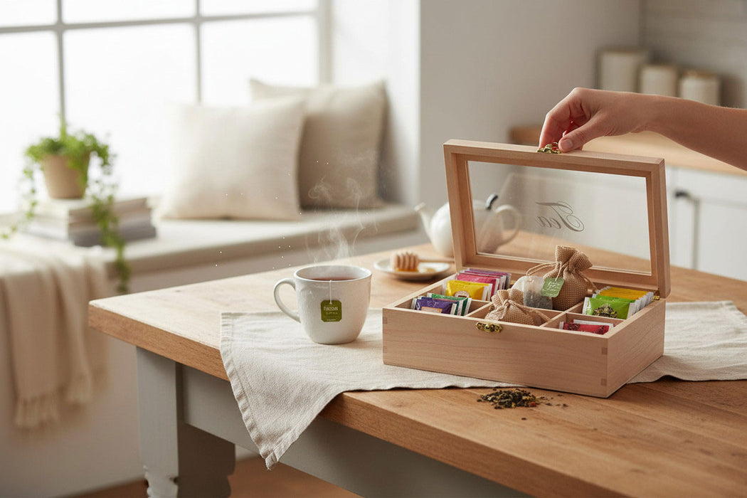 KI-generiertes Bild,Holz Aufbewahrungsbox Teebox 6 Fächer mit Deckel für Teebeutel Teekiste Teekasten