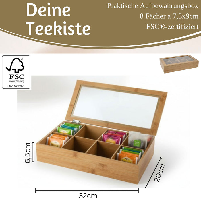 Holz Aufbewahrungsbox Teebox 8 Fächer mit Deckel Schmuckkiste Teekiste Teekasten