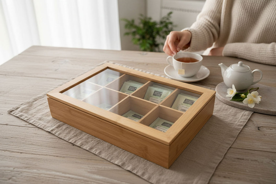 Holz Aufbewahrungsbox Teebox 8 Fächer mit Deckel Schmuckkiste Teekiste Teekasten