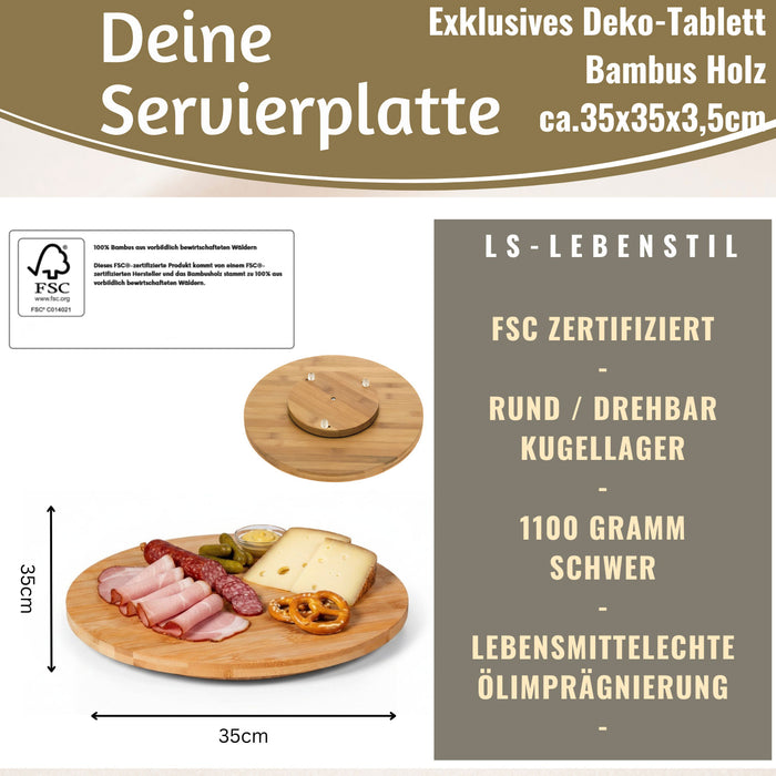 KI-generiertes Bild,XL Holz Servierplatte Drehteller 35cm Bambus drehbar Drehtablett Drehplatte