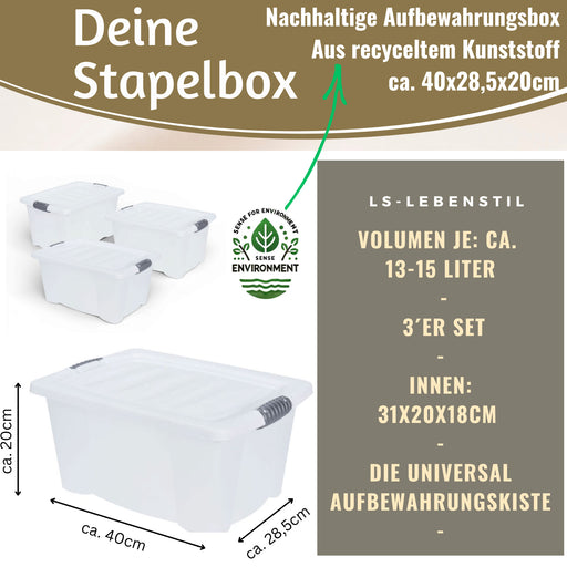XL Stapelbox Allzweckbox 3´er Set 40x28cm ♻️ mit Deckel Transportbox Stapelkiste