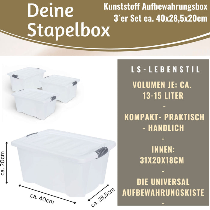 XL Stapelbox Allzweckbox 3´er Set 40x28cm mit Deckel Transportbox Stap — LS-LebenStil