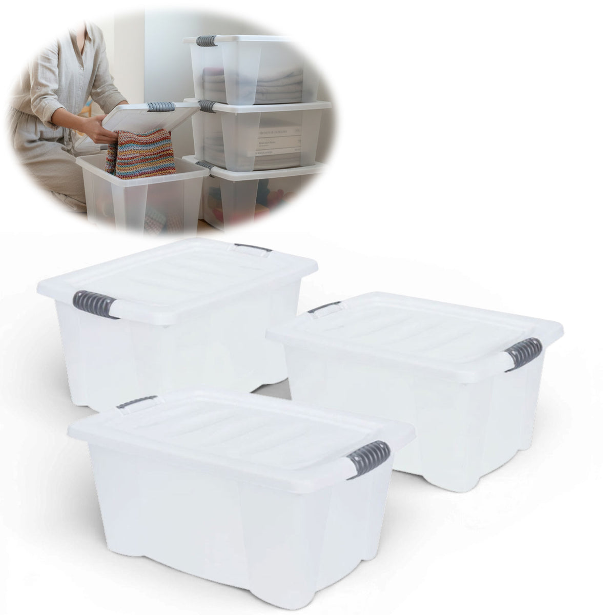 XL Stapelbox Allzweckbox 3´er Set 40x28cm mit Deckel Transportbox Stap — LS-LebenStil