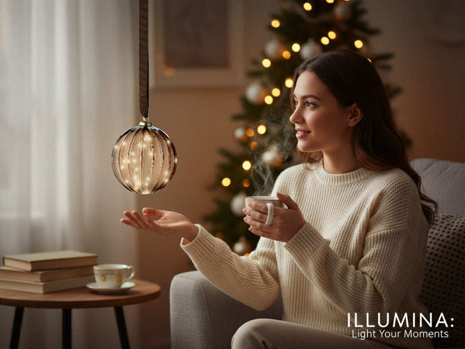 XL Deko Glas Lichtkugel 15LED 10cm Gold Braun Glaskugel Timer Batterie Anhängen