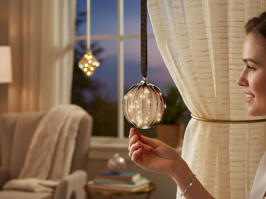 XL Deko Glas Lichtkugel 15LED 10cm Gold Braun Glaskugel Timer Batterie Anhängen